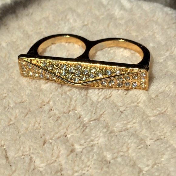 Two Fingers Gold Color Ring with clear stones - Picture 2 of 4
